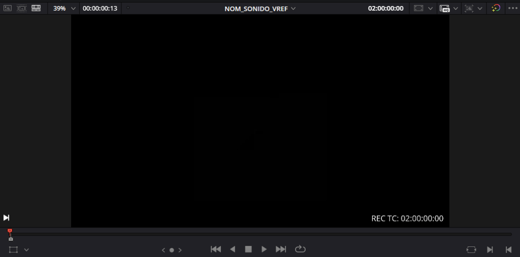 Vista del monitor de DaVinci Resolve con el timeline vacío nombrado NOM_SONIDO_VREF y el REC TC en 02:00:00:00, para generear la referencia para sonido en davinci