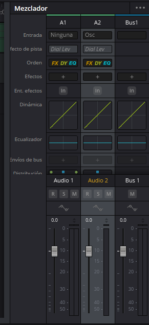 Panel del mezclador en Fairlight mostrando la pista Audio 2 con la entrada Osc asignada para generar el tono de 1kHz del 2pop