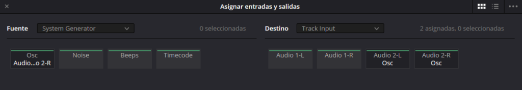 Ventana de Asignar entradas y salidas en Fairlight con la fuente Osc asignada al destino Audio 2