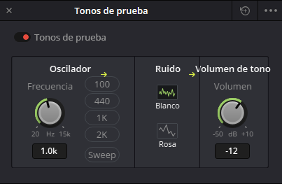 Ventana de Tonos de prueba en Fairlight DaVinci Resolve con el oscilador configurado en 1K y el volumen de tono en -12 dB