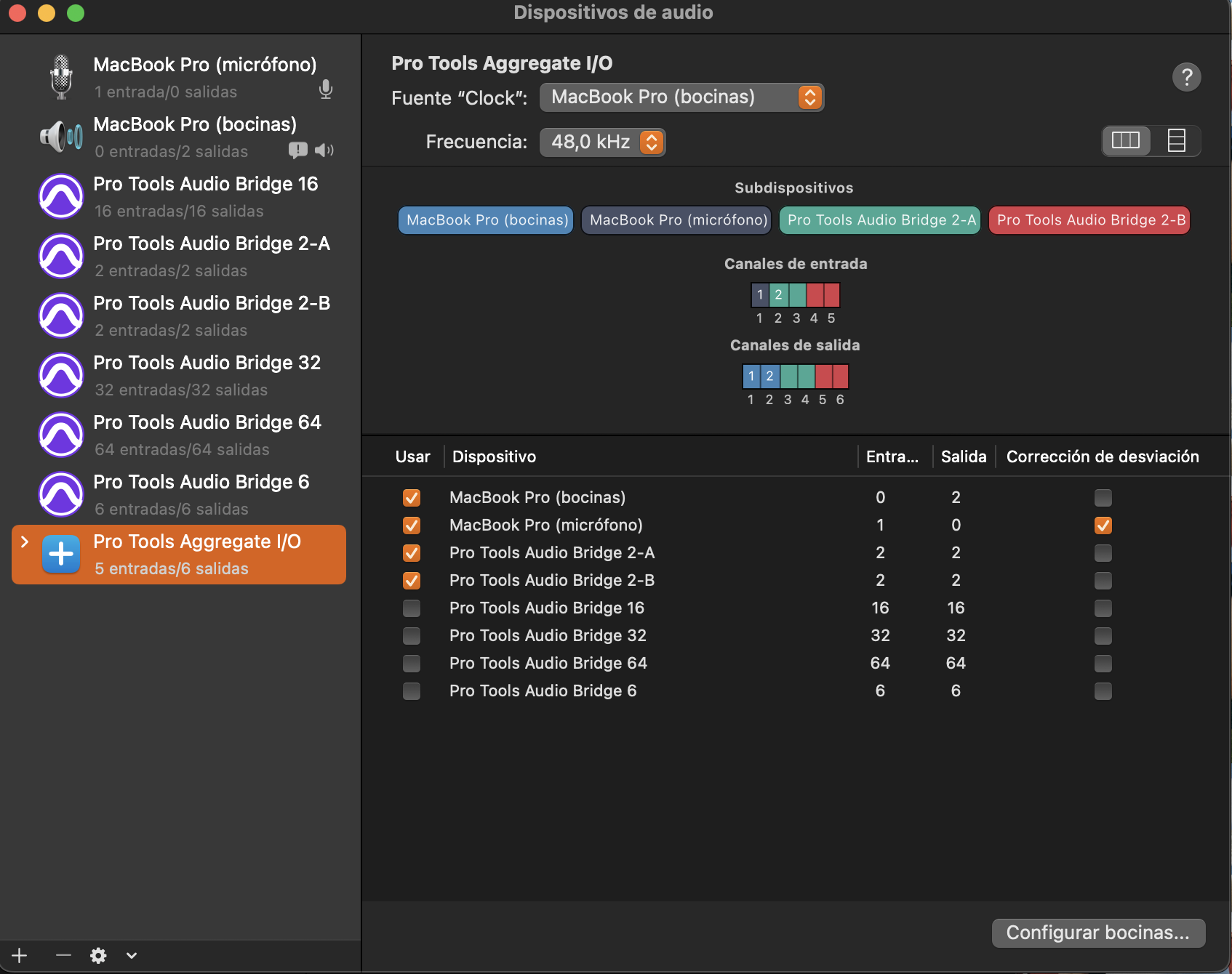 Configuración de Pro Tools Aggregate I/O en la utilidad Configuración de Audio MIDI de macOS mostrando entradas y salidas integradas.