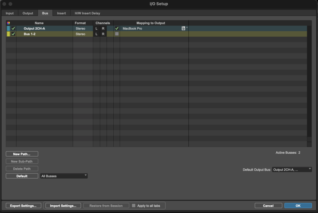 Pestaña Bus en el I/O Setup de Pro Tools mostrando el mapeo de un bus de salida hacia el hardware físico MacBook Pro.