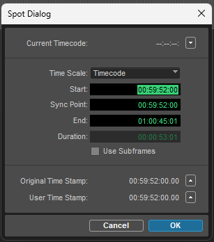 Ventana Spot Dialog de Pro Tools con el campo Start en 00:59:52:00 — confirmación de que la metadata de timecode quedó correctamente inscrita en el archivo ProRes exportado