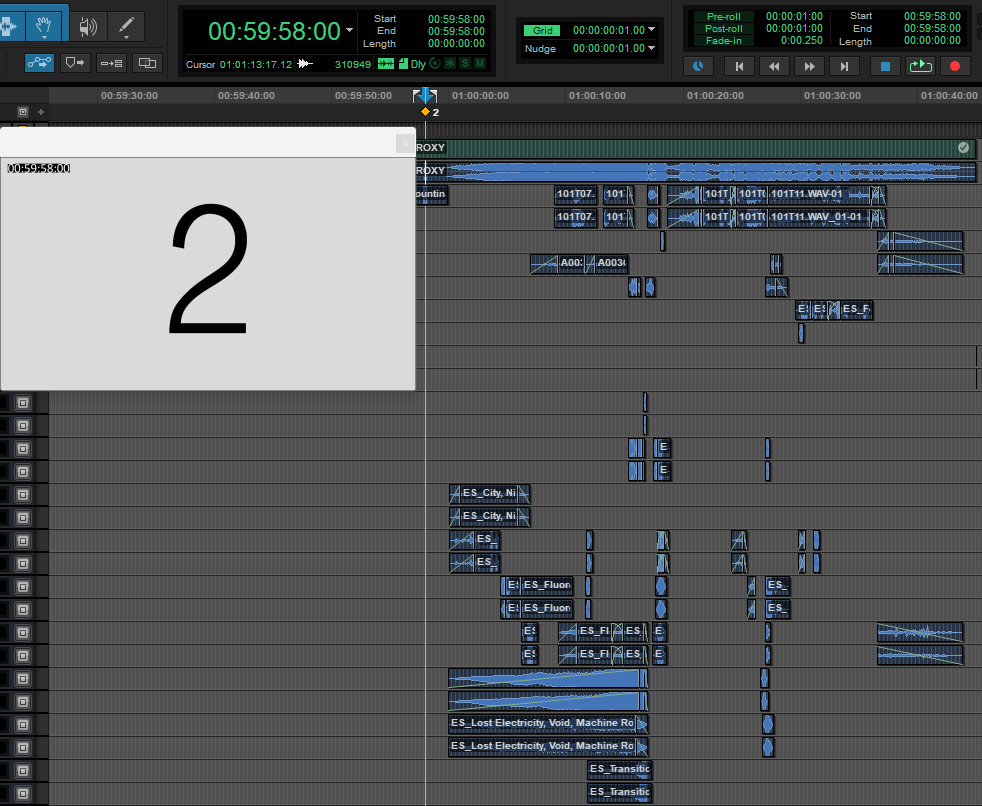 Vista del timeline de Pro Tools en 00:59:58:00 mostrando el frame del 2pop en el monitor de video, la pista ROXY con el waveform del AAF y los clips de sonido directo sincronizados en su posición correcta