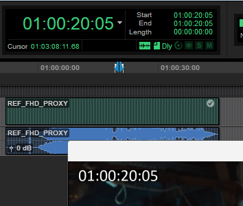Timeline de Pro Tools mostrando el clip REF_FHD_PROXY con el timecode del video y el del timeline coincidiendo en 01:00:20:05