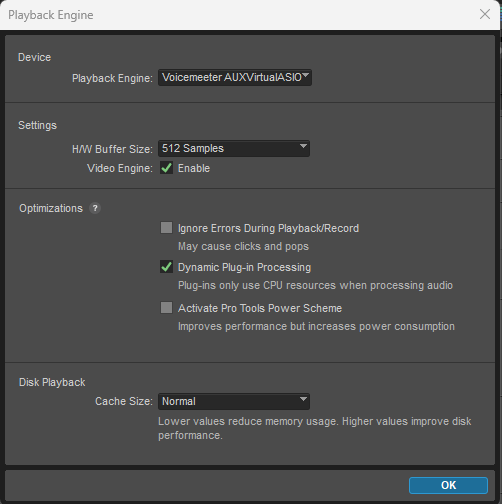 Configuración del Playback Engine de Pro Tools en Windows utilizando Voicemeeter AUX Virtual ASIO como motor de audio.