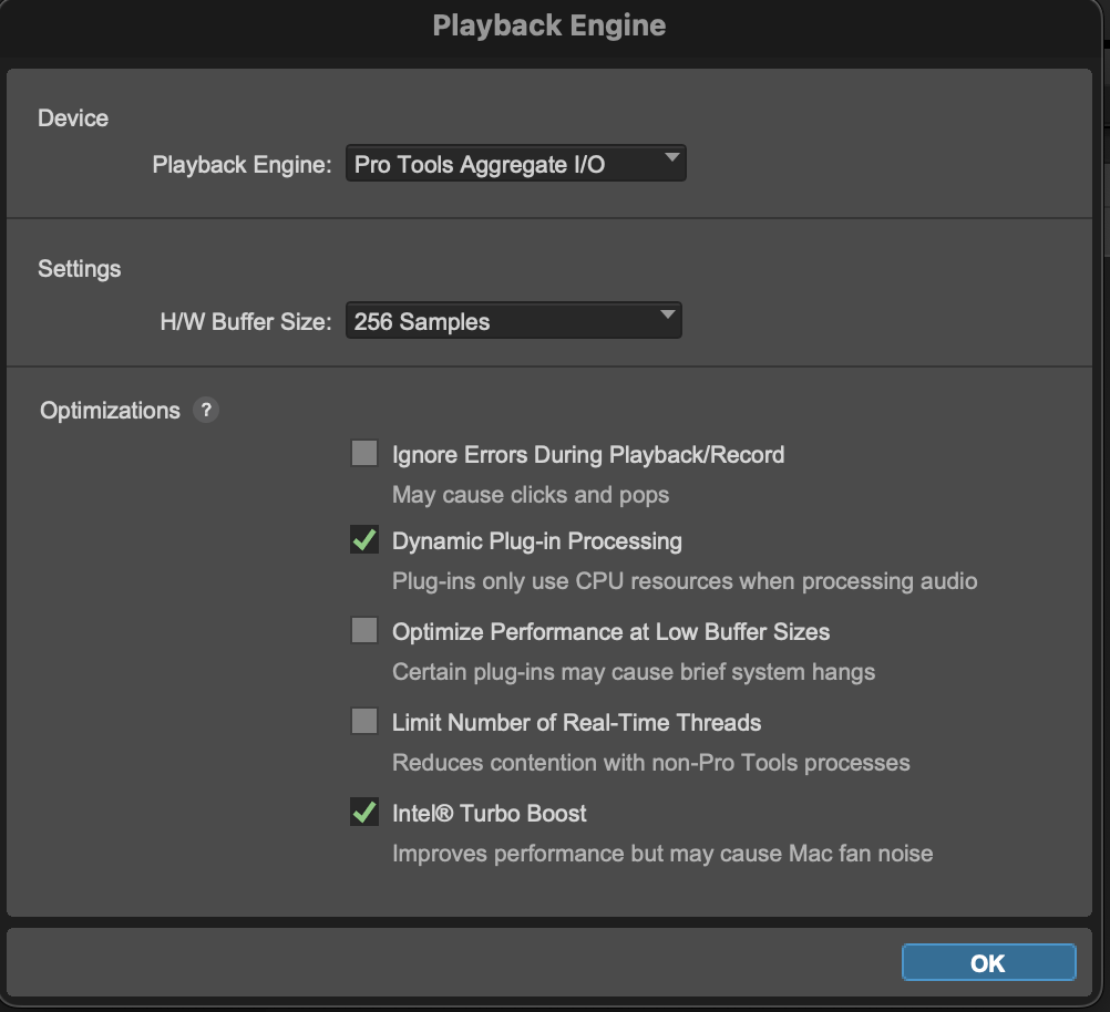 Ventana de Playback Engine en Pro Tools con el motor de audio configurado en Pro Tools Aggregate I/O a 256 samples.