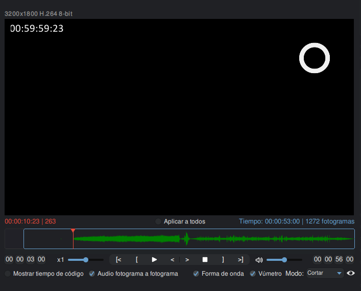  Preview de Shutter Encoder en el frame 00:59:59:23 mostrando el círculo indicador de cambio de rollo sobre fondo negro — el último frame antes del primer frame de imagen