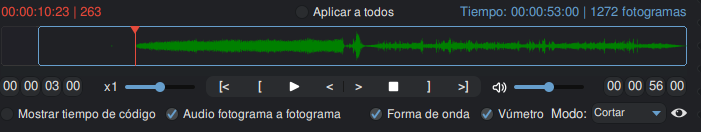 Vista de la barra de reproducción en Shutter Encoder con el indicador de posición al inicio del lead y el contador de tiempo visible