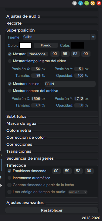 Panel de ajustes de Shutter Encoder mostrando la superposición de timecode activa en 00:59:52:00 y la casilla Establecer timecode configurada con el mismo valor en la sección Timecode, listo convertir video H.264 a ProRes para Pro Tools