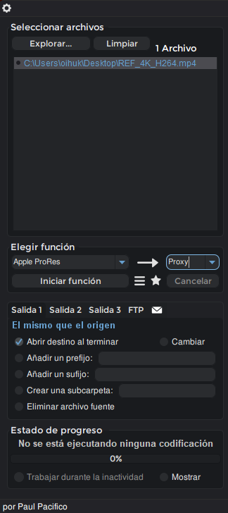 Panel de Elegir función en Shutter Encoder con Apple ProRes seleccionado en el menú izquierdo y Proxy en el menú derecho, listo convertir video H.264 a ProRes para Pro Tools