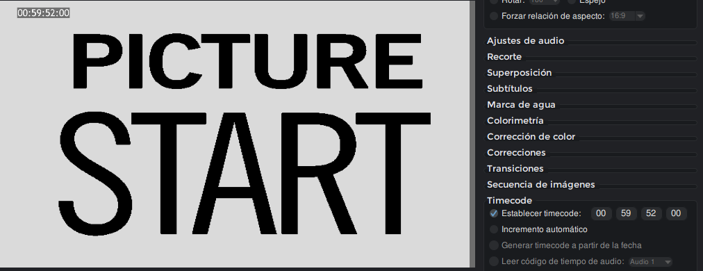 Panel lateral Shutter Encoder, con el timecode sincronizado de acuerdo al primer frame