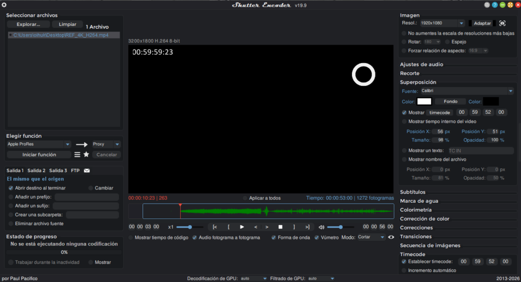 Interfaz de Shutter Encoder mostrando el archivo REF_4K_H264.mp4 importado, con la información del codec 3200x1800 H.264 8-bit visible en el preview y la función Apple ProRes Proxy seleccionada listo convertir video H.264 a ProRes para Pro Tools