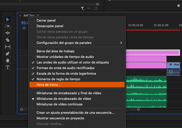Menú contextual de premiere para ajustar la hora de inicio al exportar el video para sonido desde premiere.