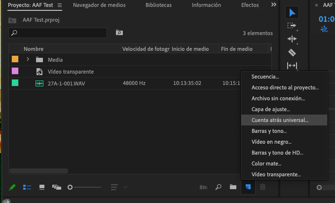 Panel de proyecto en Premiere Pro mostrando el menú para crear Cuenta atrás universal
