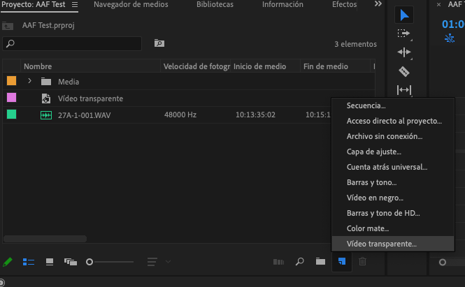 Panel de proyecto en Premiere Pro mostrando el menú para crear Vídeo transparente