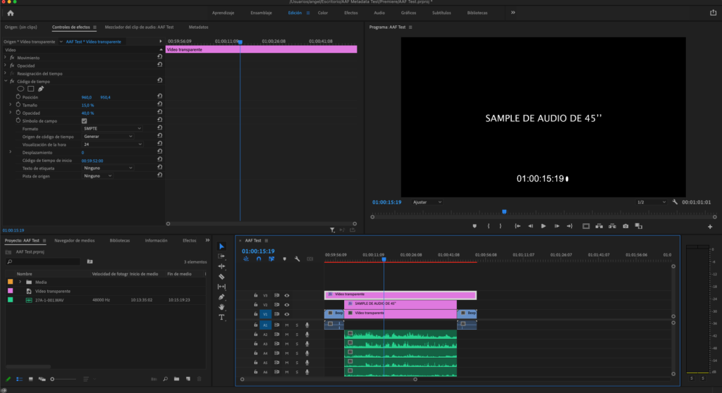 Controles de efectos en Premiere Pro con el efecto Código de tiempo aplicado sobre un Vídeo transparente, mostrando el campo Origen de código de tiempo