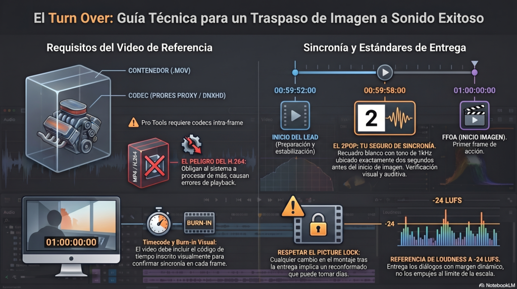 Infografía sobre el turn over para sonido: requisitos del video de referencia, codec vs contenedor, línea de tiempo del lead con 2pop y FFOA, timecode burn-in, Picture Lock y referencia de loudness a -24 LUFS