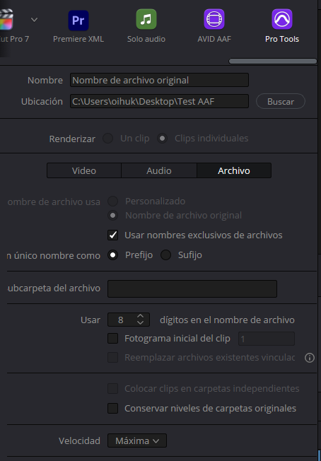 Pestaña de Archivo en sección de exportar a Pro Tools