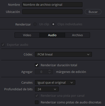 Pestaña de Audio en sección de exportar a Pro Tools