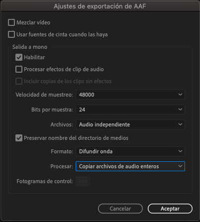 Configuración para exportar AAF