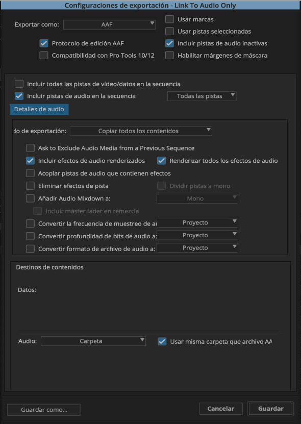 Configuracion para exportar AAF desde Media Composer